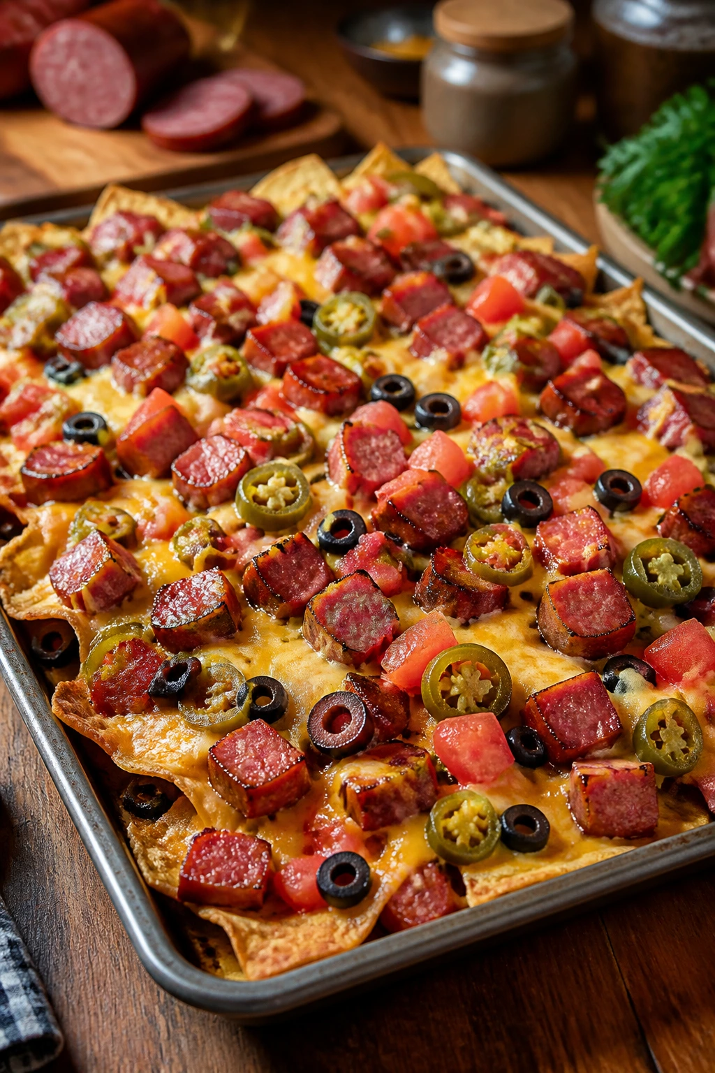 Close-up of a loaded nacho tray with sausage and cheese