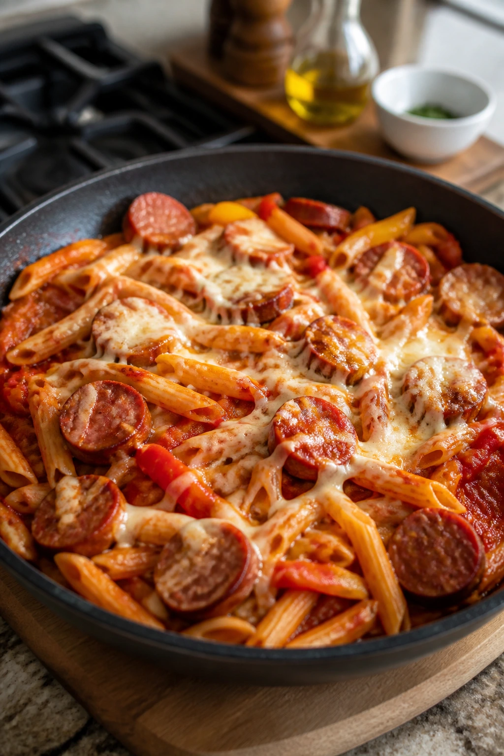 Pasta with summer sausage and peppers in tomato sauce
