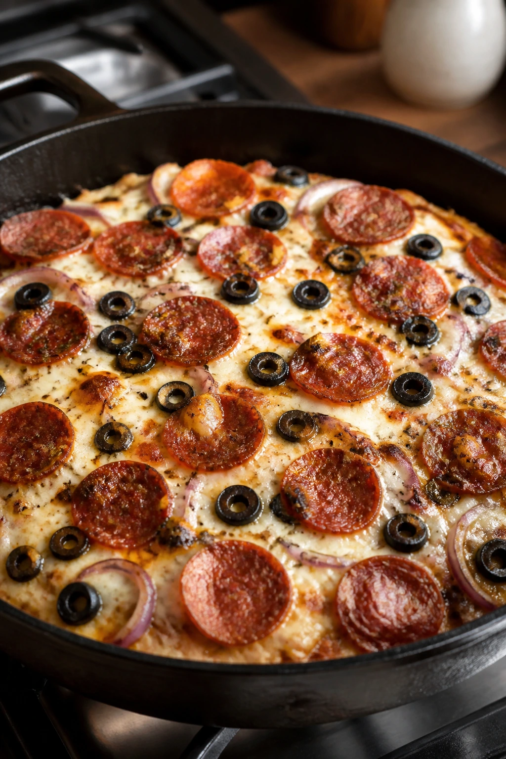 Skillet pizza with sausage and bubbling cheese