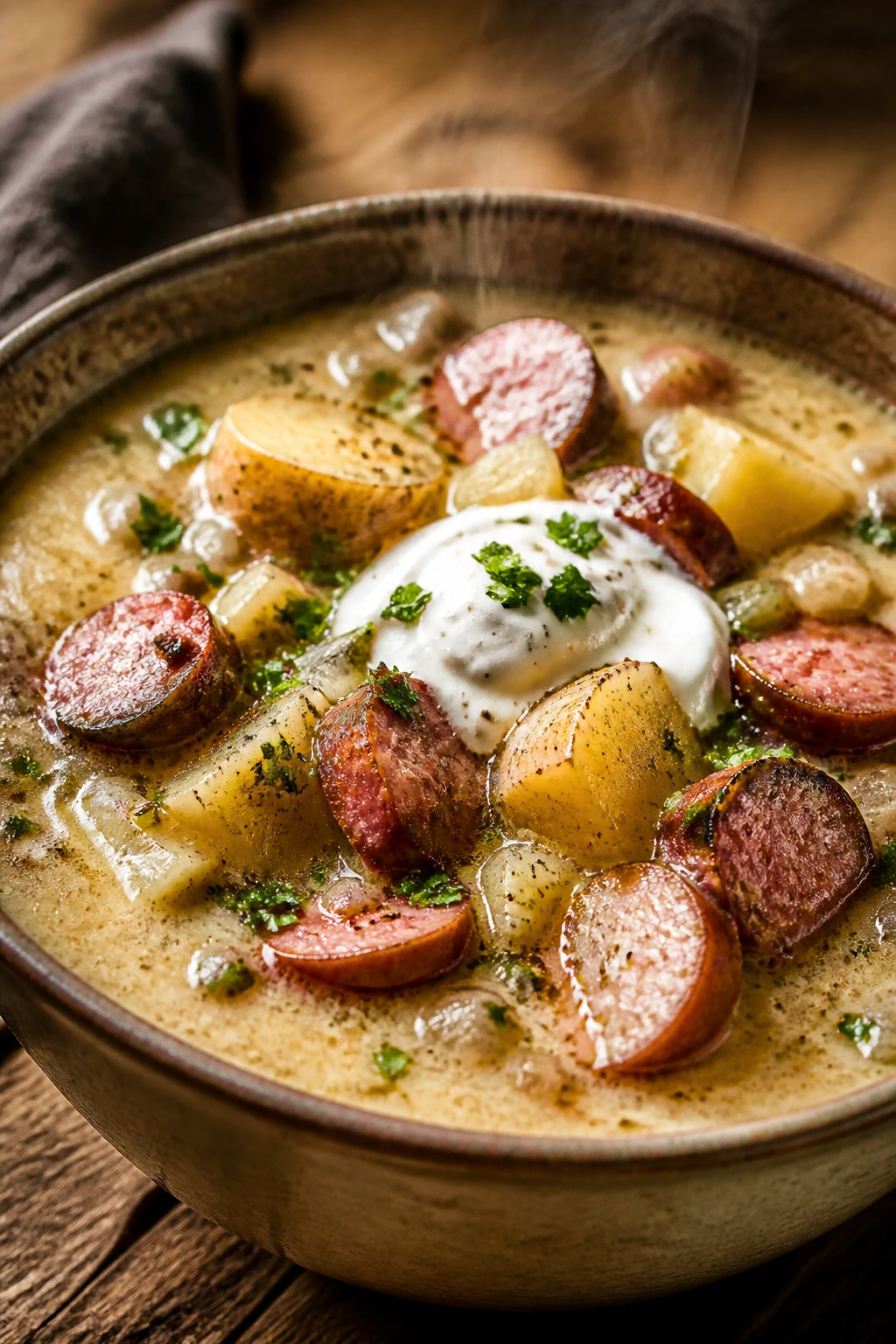Close-up of potato soup with sausage in a rustic bowl