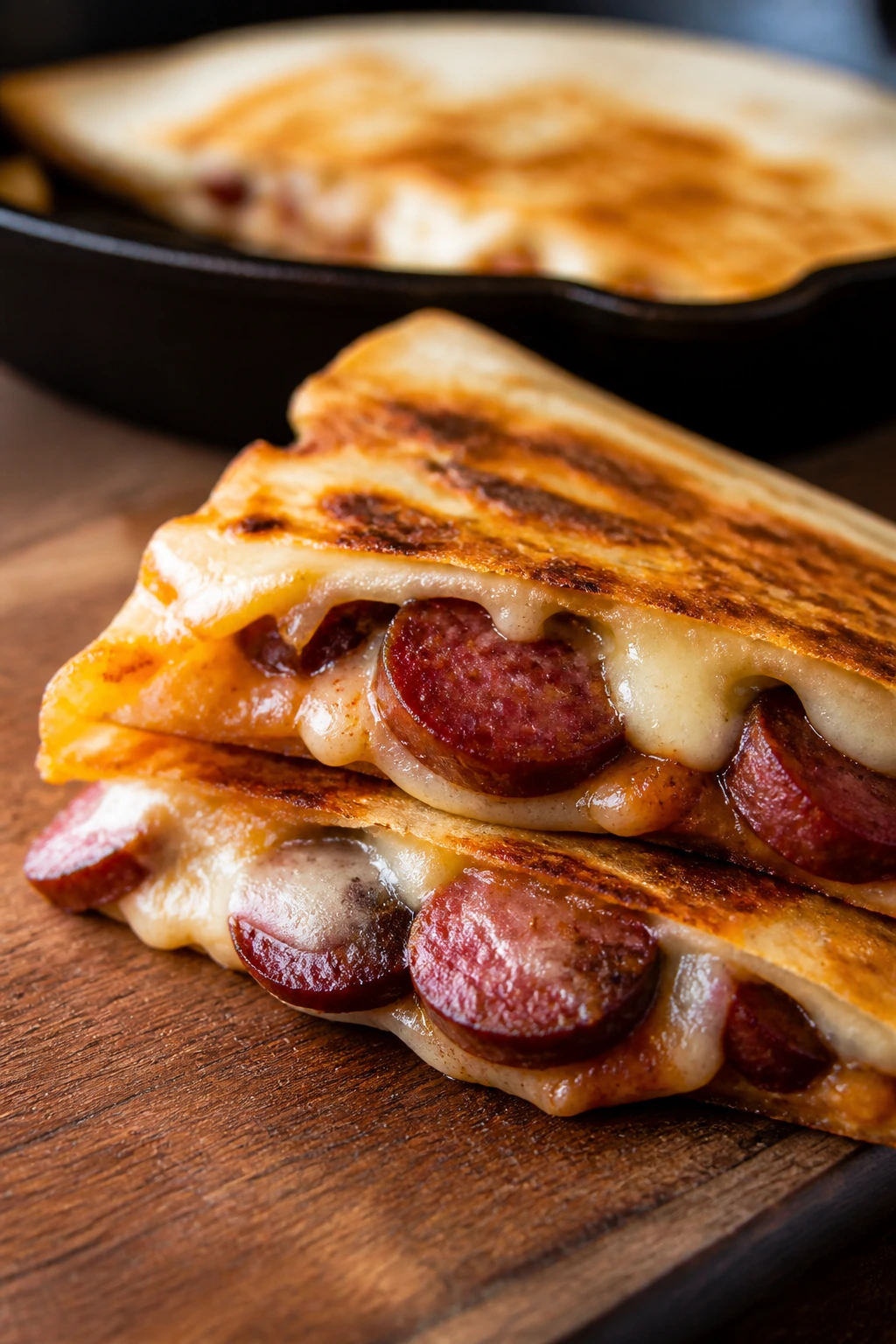 Close-up of a summer sausage quesadilla melt wedge on a rustic plate