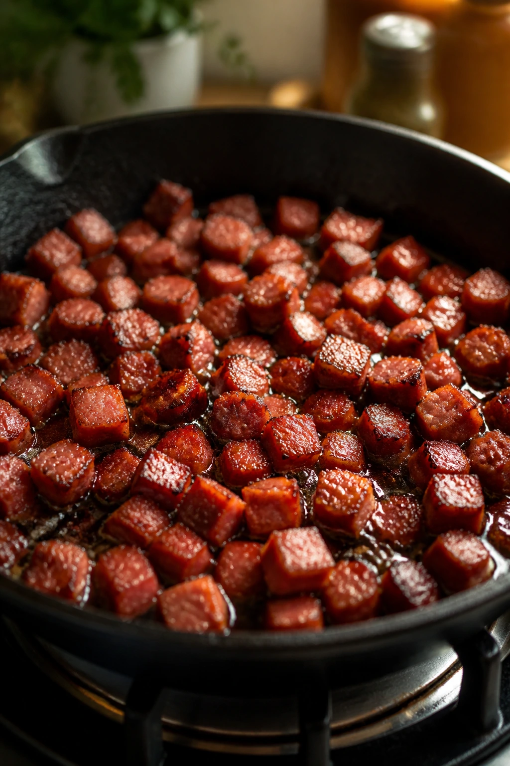 Close-up of browned summer sausage in a skillet on a kitchen stove