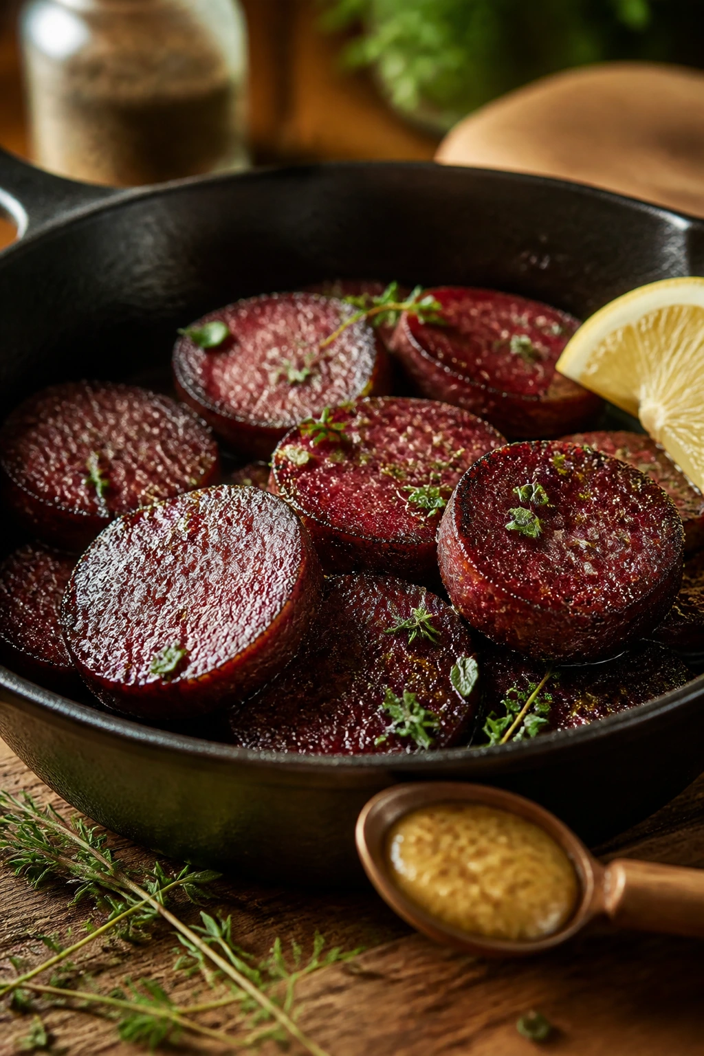 Close-up of browning summer sausage with lemon and mustard in a cast iron skillet