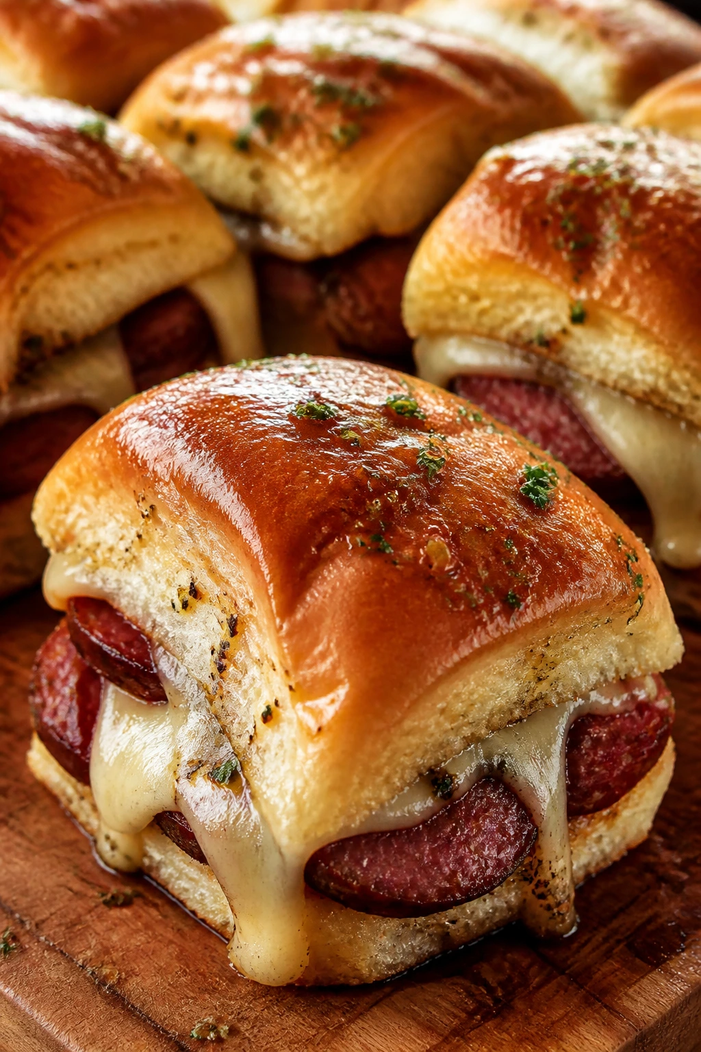 Close-up of summer sausage sliders on sweet rolls in a warm kitchen