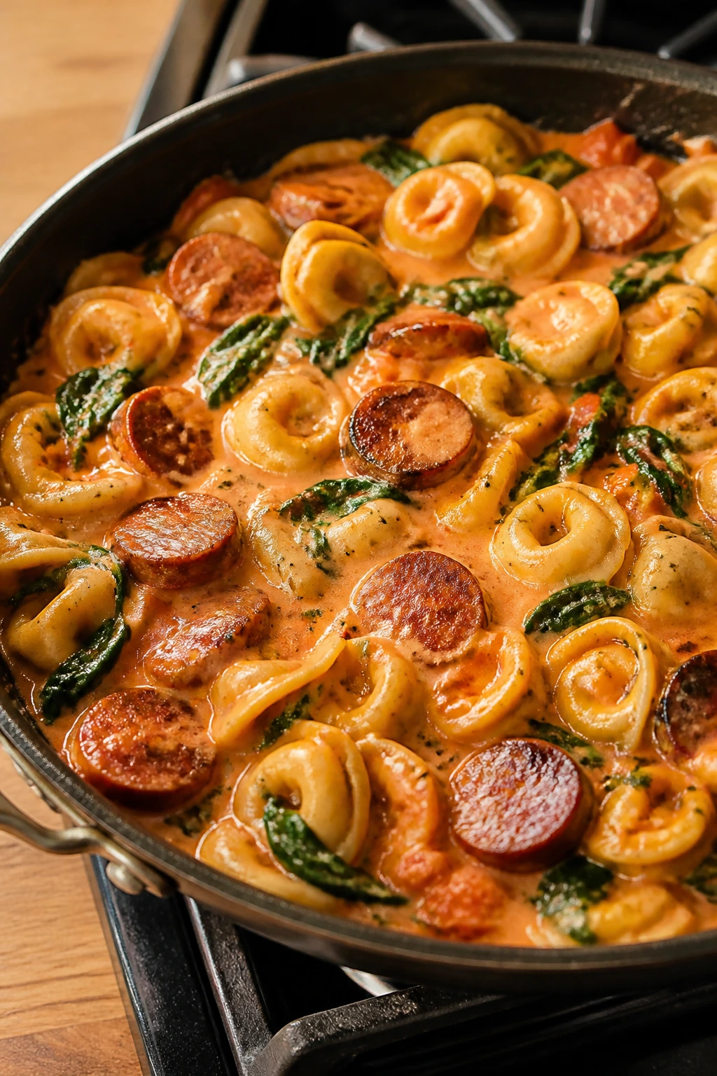 Skillet with tortellini, sausage, and spinach in creamy sauce