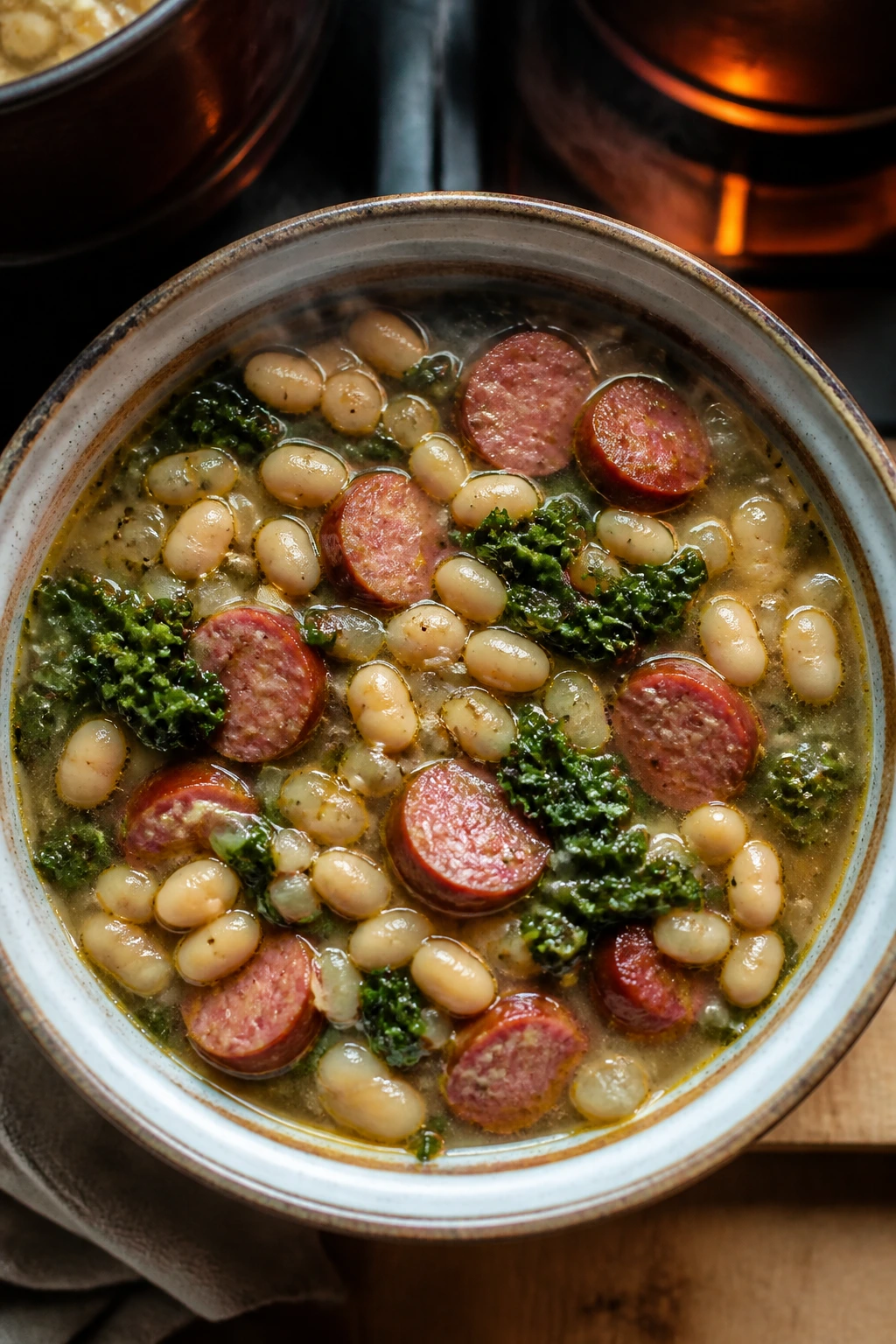 Bowl of sausage white bean soup with kale