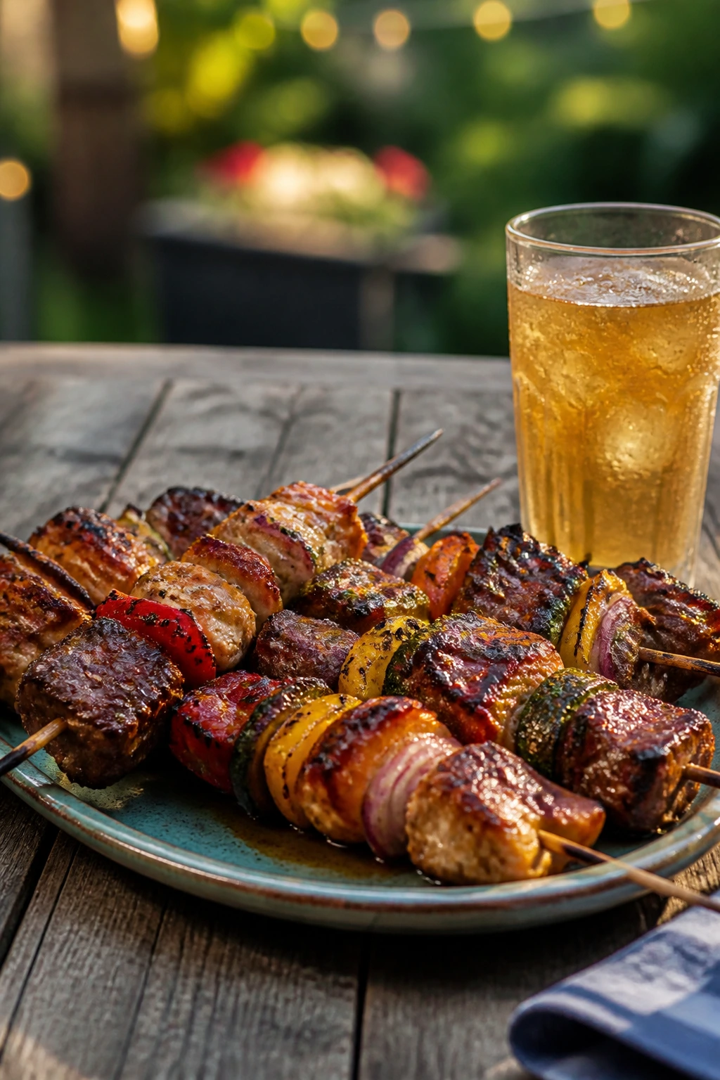 Plate of skewers with char marks and a sweating drink on a rustic table outdoors