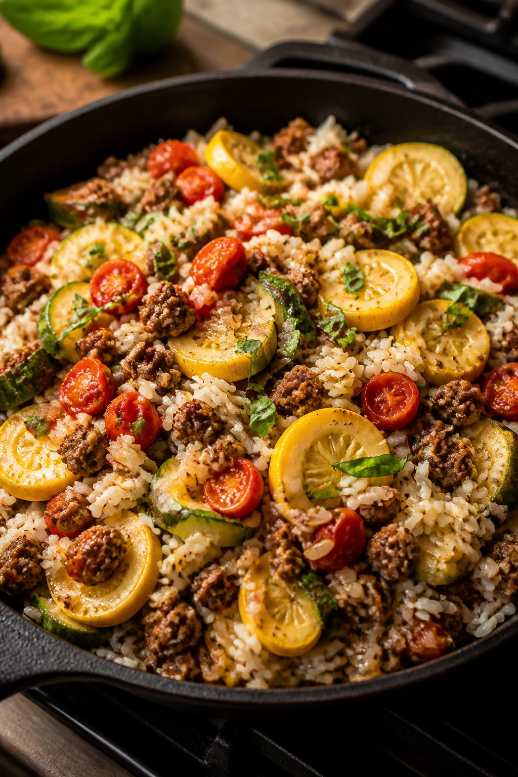 Skillet with squash, beef and rice