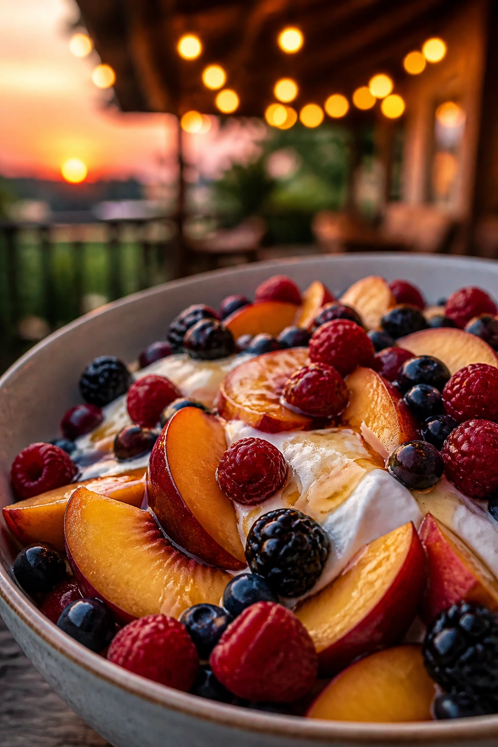 Close-up of a fruit-and-yogurt bowl on a porch at dusk