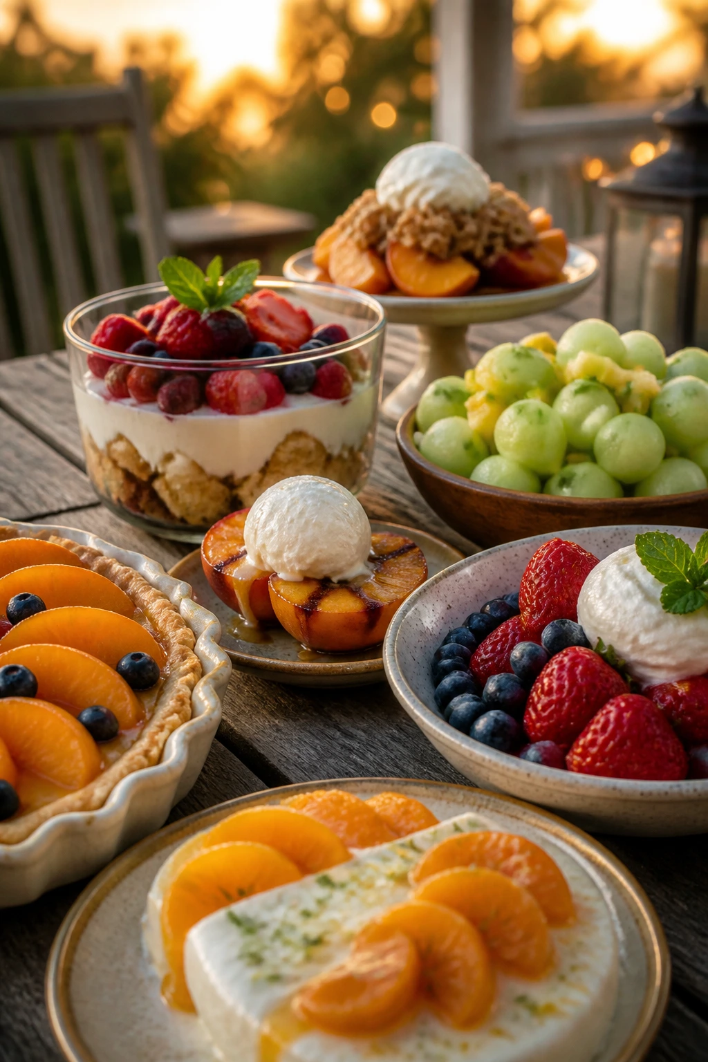 Close-up of a porch-side spread of summer desserts at dusk featuring peaches and berries