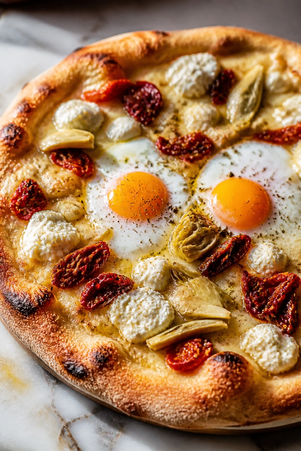 Close-up of Sun-Dried Tomato and Artichoke Breakfast Pizza with tomatoes and artichokes