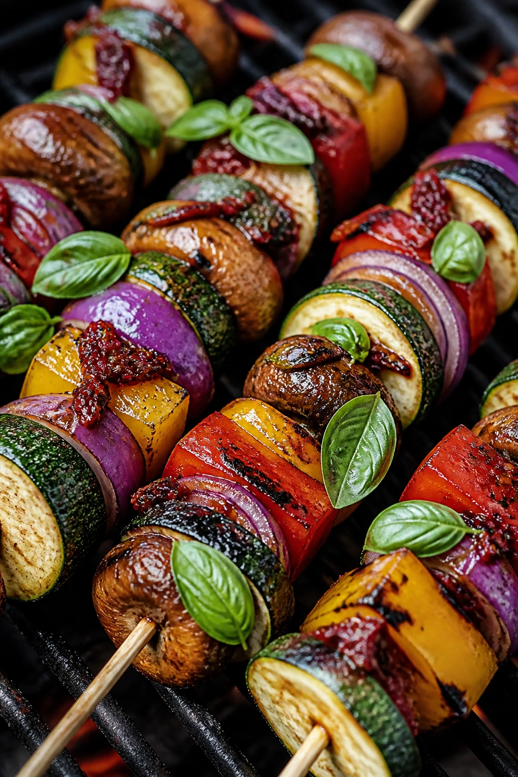 Close-up sun-dried tomato basil veggie skewers on grill
