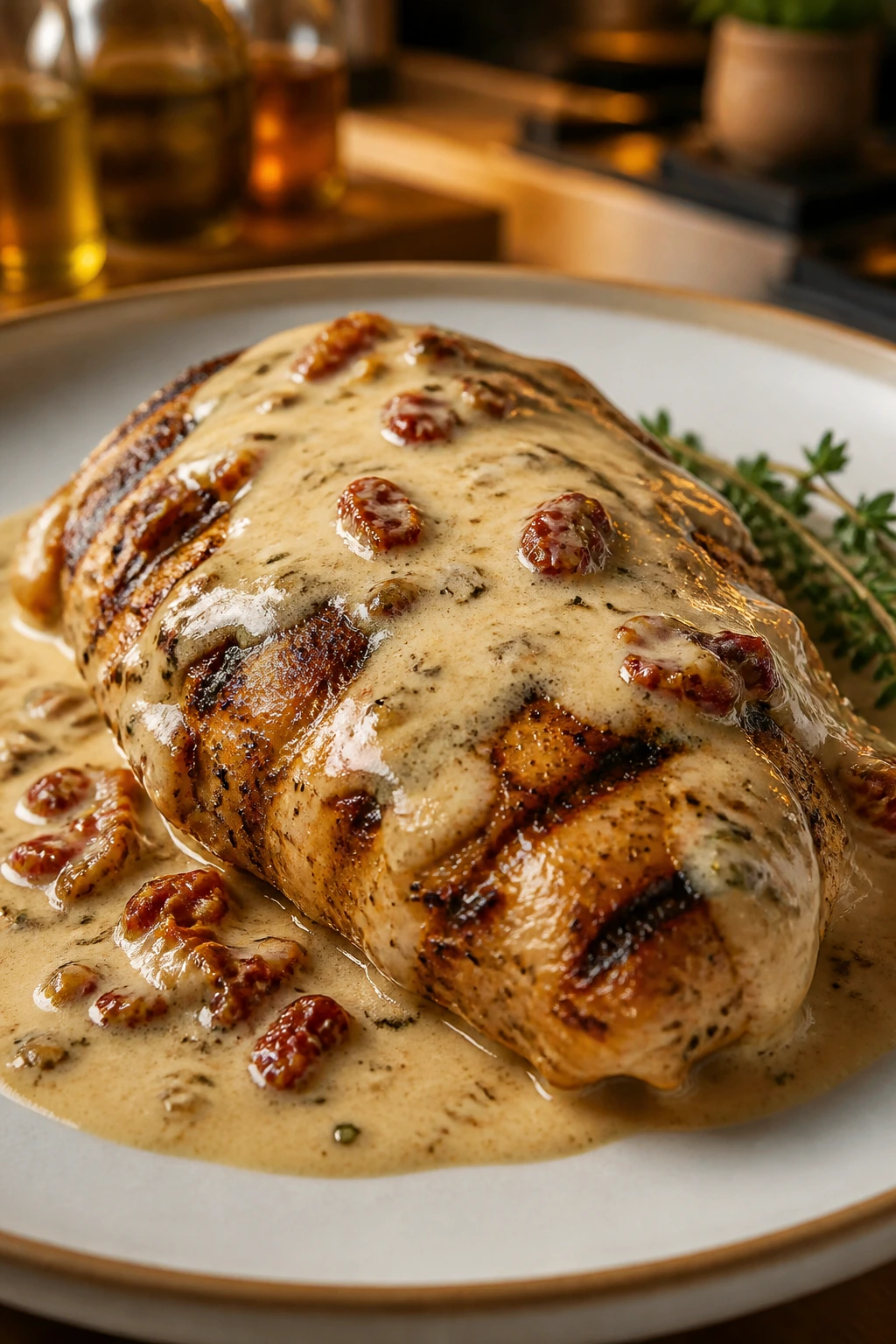 Chicken with sun-dried tomato cream variation on a plate in a warm kitchen