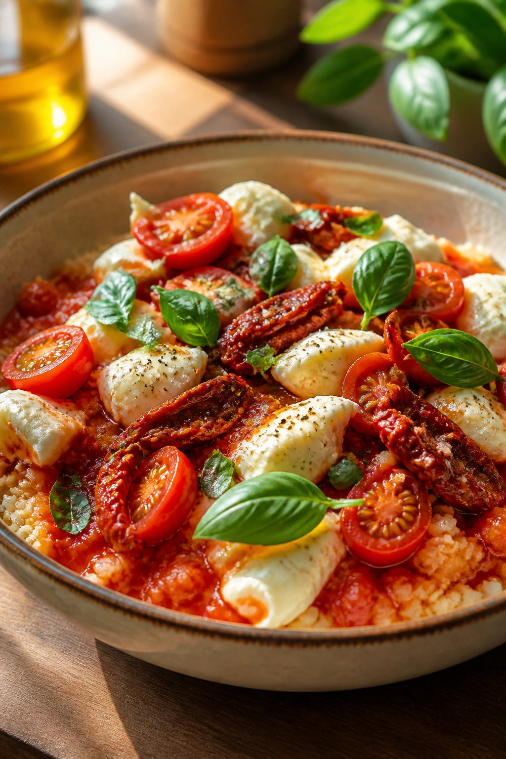 Close-up of Sun-Dried Tomato Margherita Pizza Bowl with mozzarella and basil