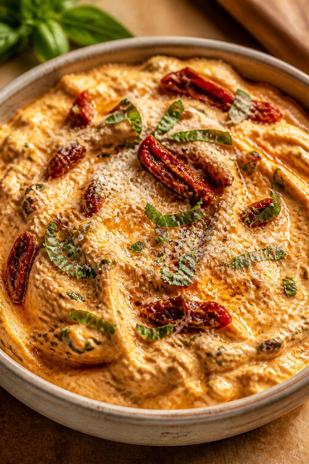 Creamy sun-dried tomato mascarpone dip in a bowl