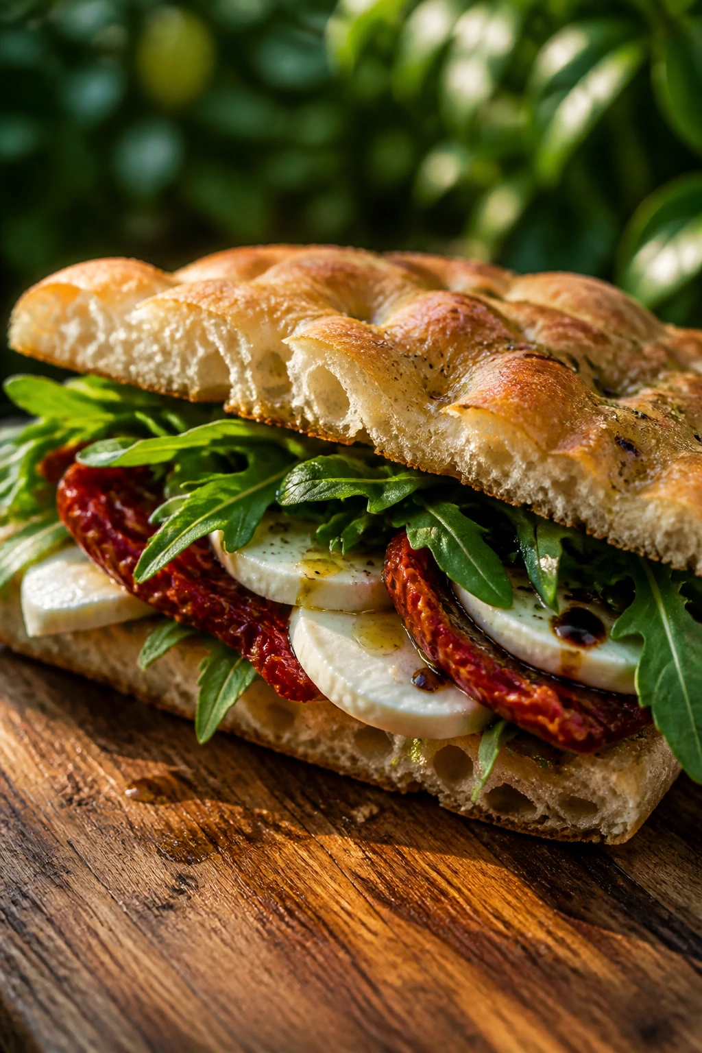 Close-up of sun-dried tomato mozzarella arugula sandwich on focaccia