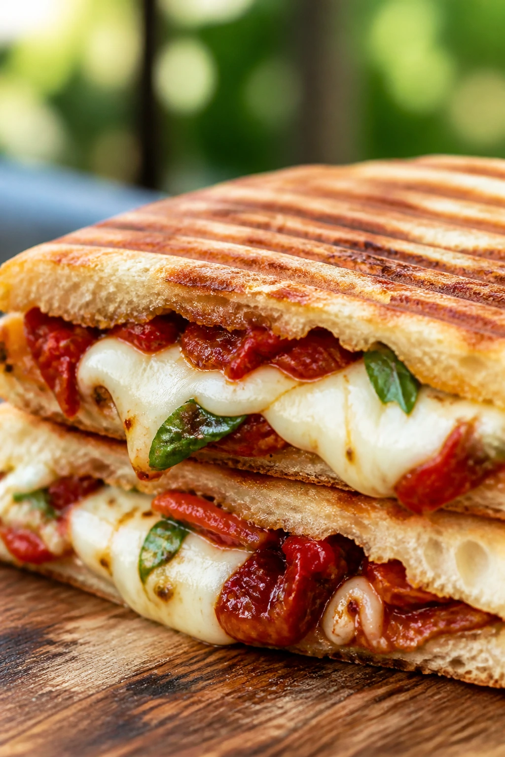 Panini with sun-dried tomatoes and mozzarella, grilled to perfection.