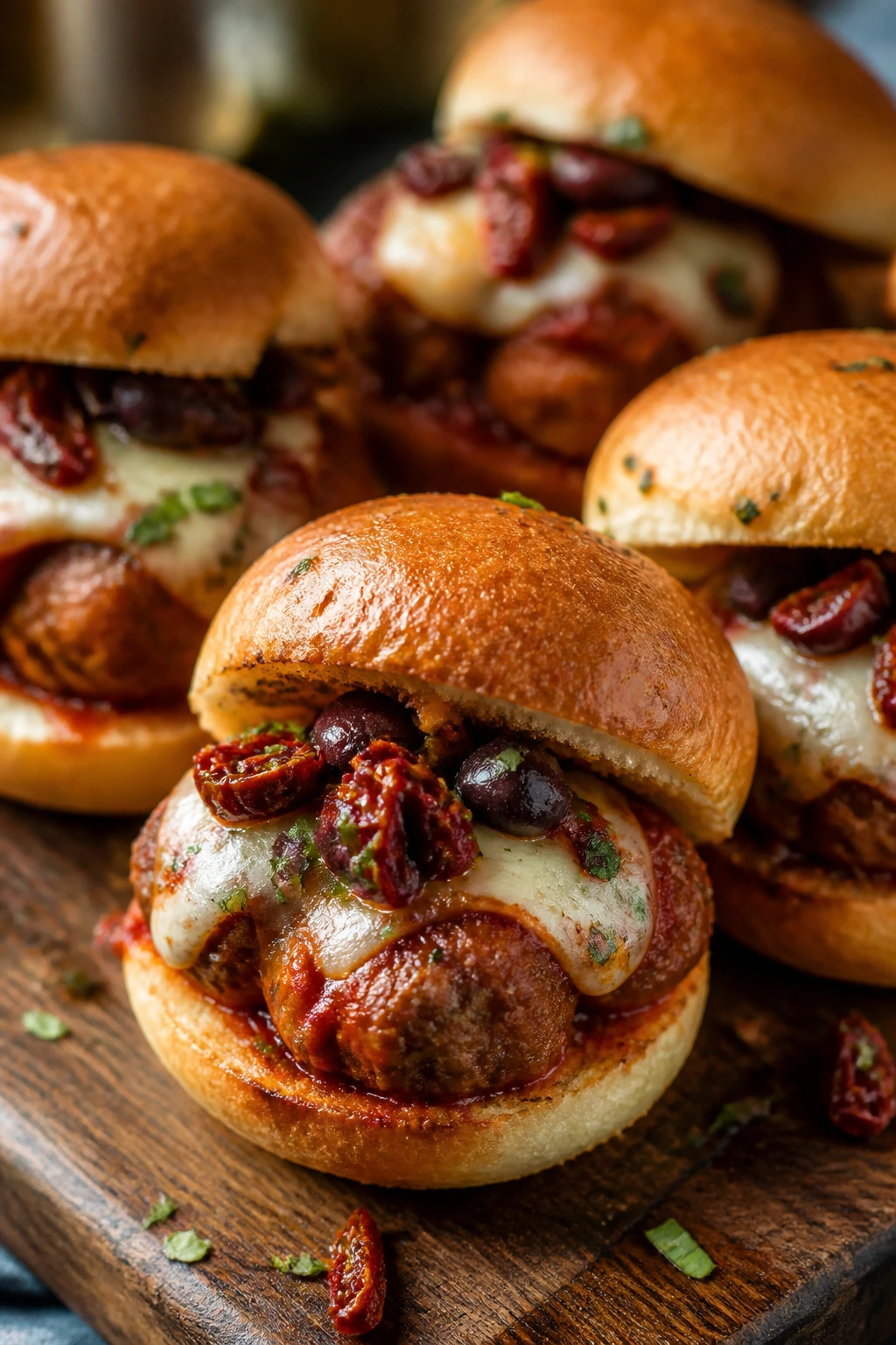Close-up of sun-dried tomato and olive sliders with melted cheese on a wooden board