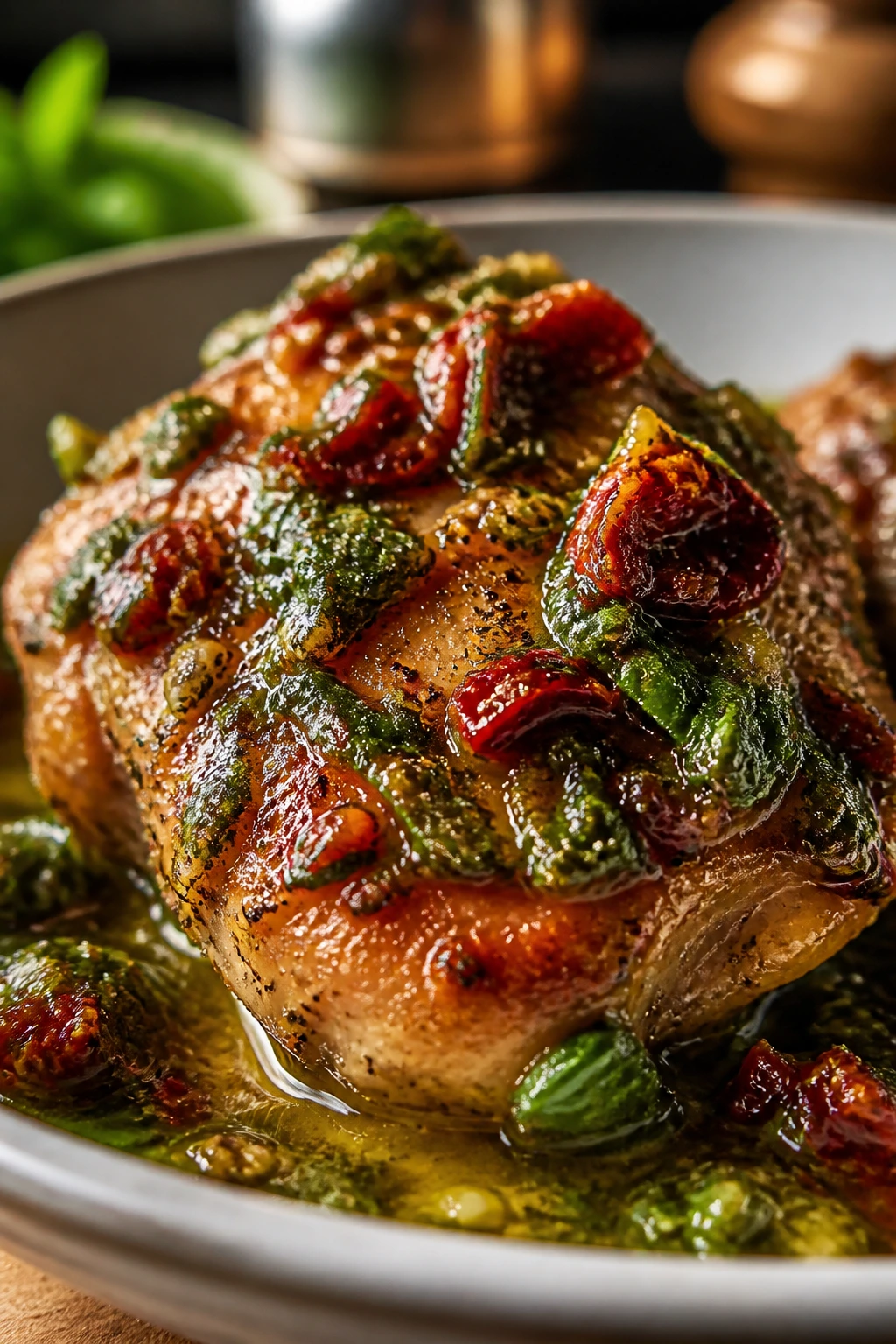 Sun-dried tomato pesto chicken with glossy glaze on a plate