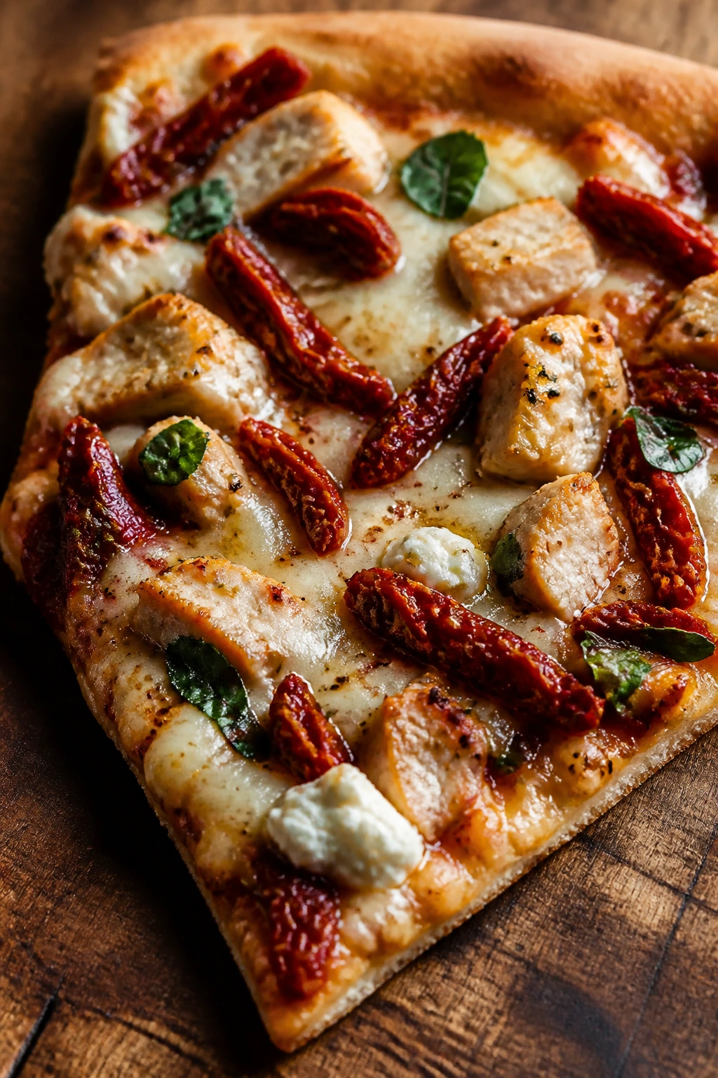Close-up of sun-dried tomato chicken pizza slice with mozzarella and ricotta on a wooden surface