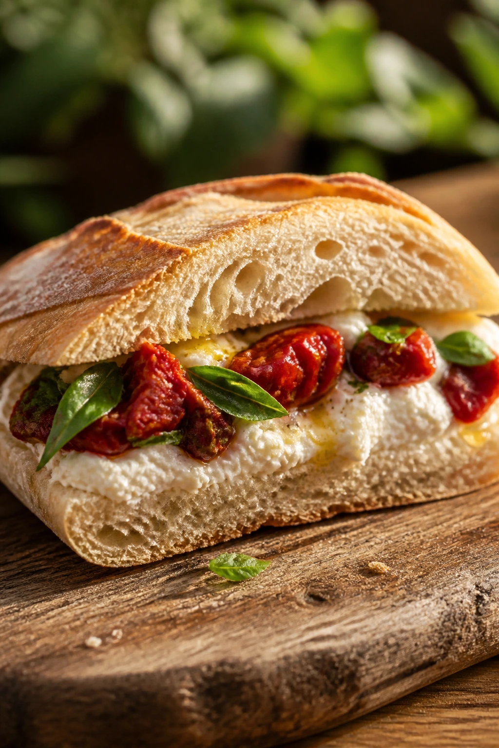 Cross-section of sun-dried tomato and ricotta sandwich on rustic bread