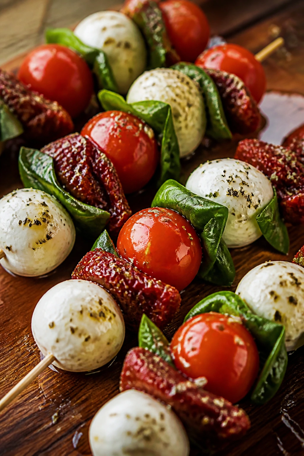 Sun-dried tomato caprese skewers with mozzarella and basil on wood.