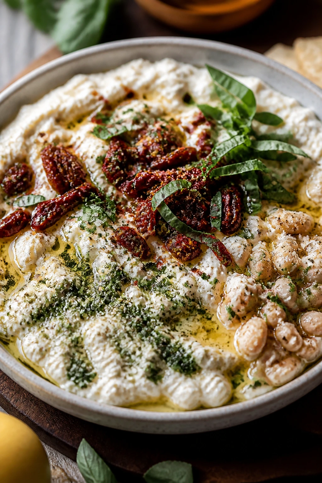 Herb ricotta dip with sun-dried tomatoes and herbs on a rustic board