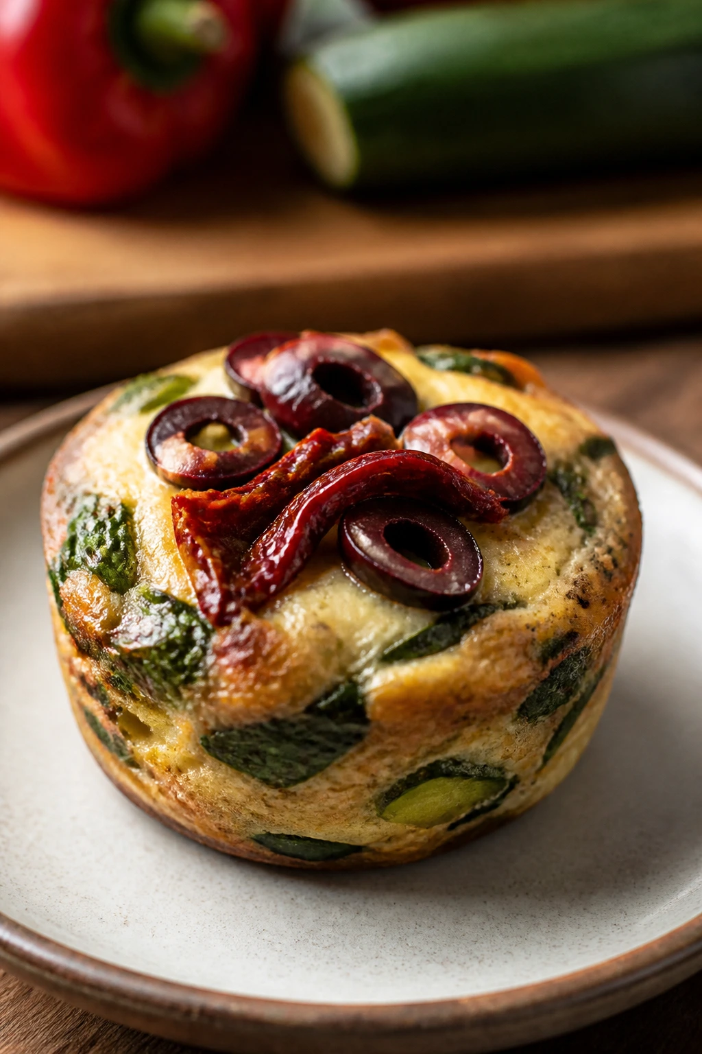 Veggie cup topped with sun-dried tomatoes and olives