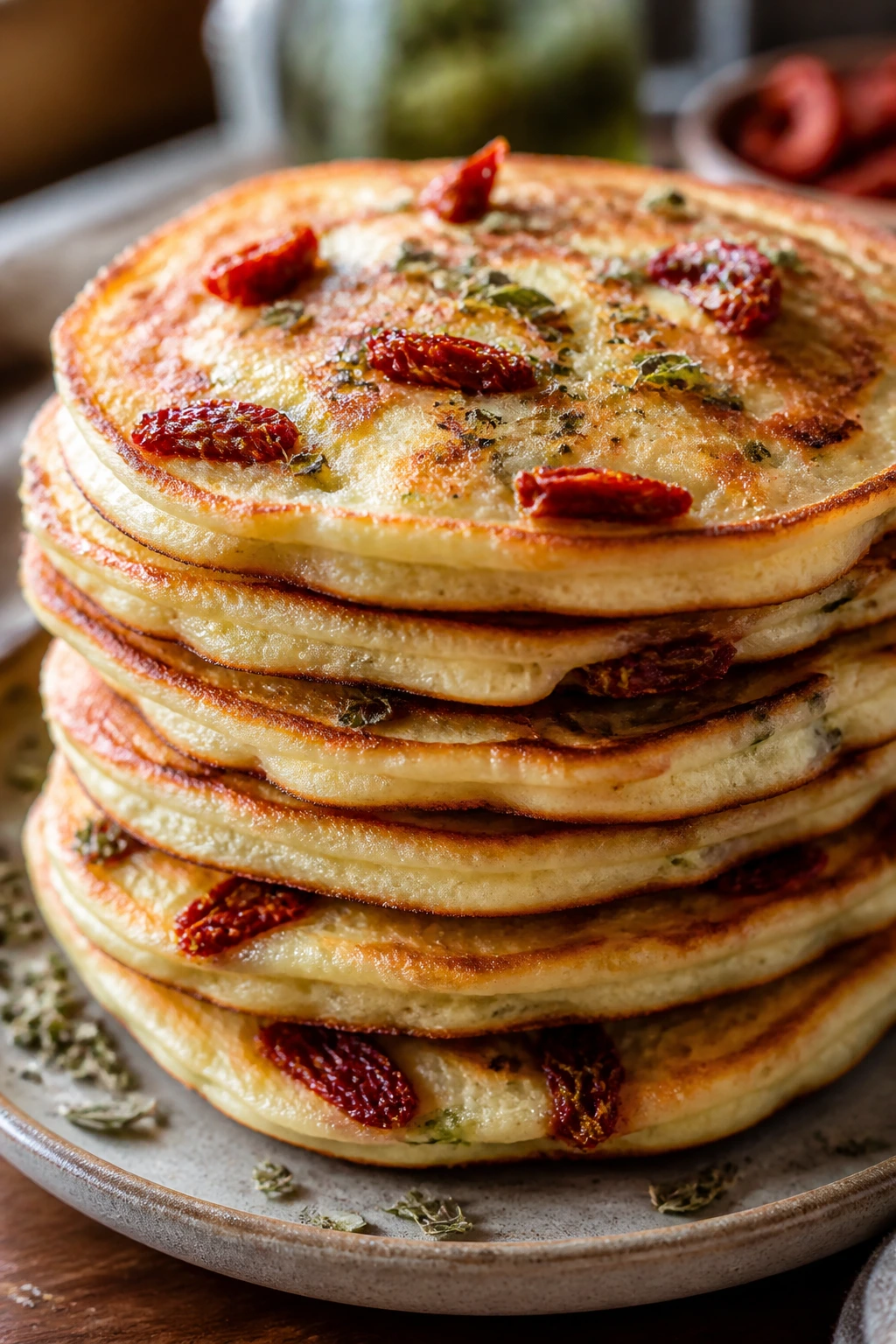 Close-up of sun-dried tomato and oregano pancakes on a plate