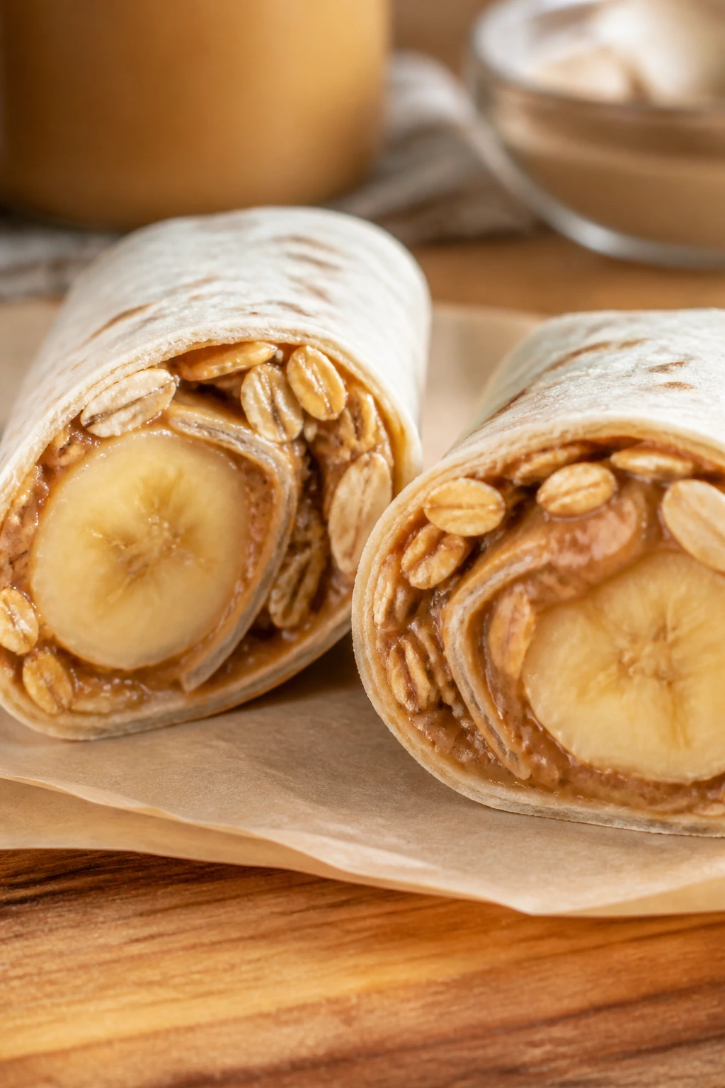 Cross-section of sunbutter banana roll-ups on parchment