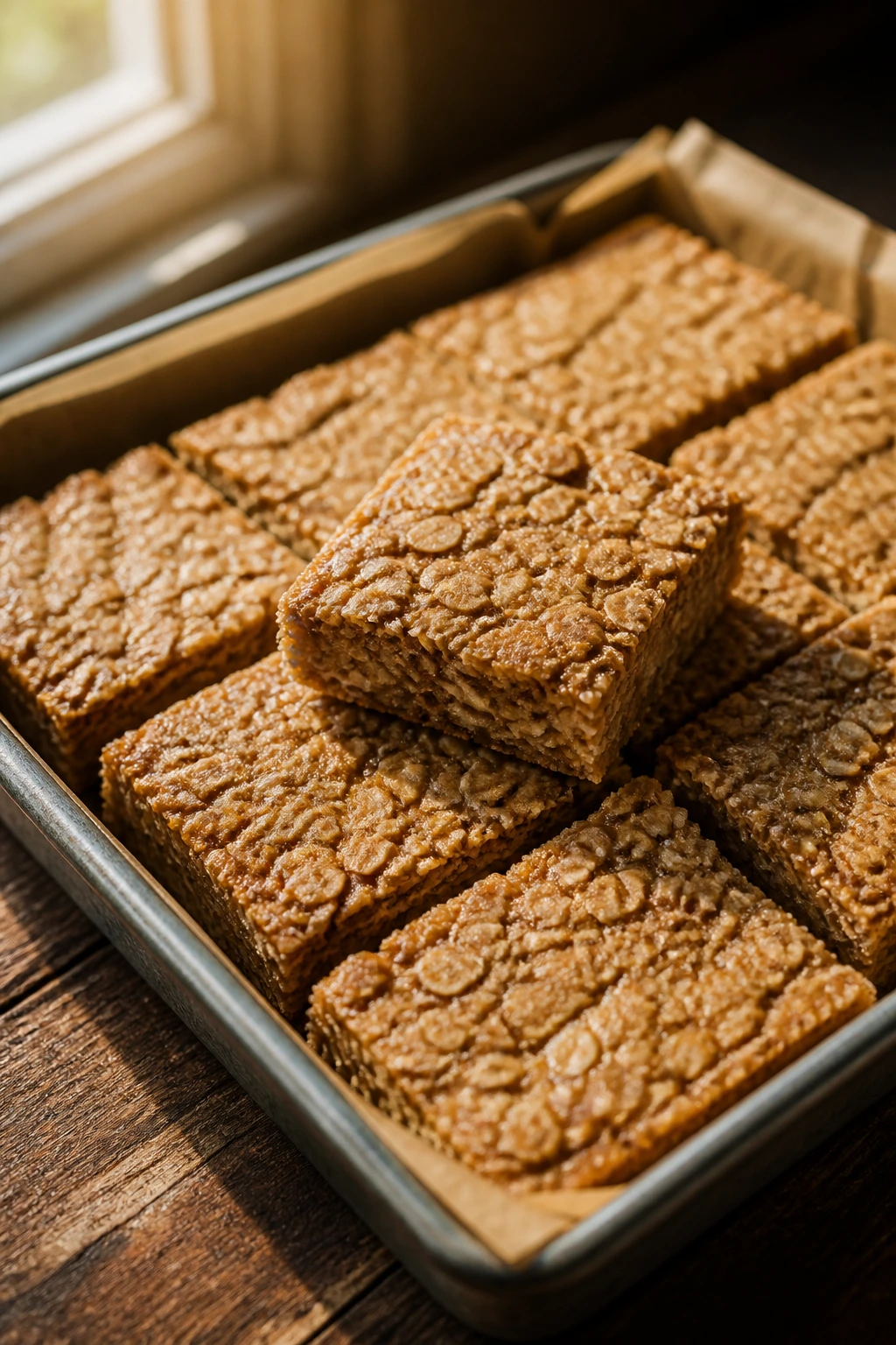 Close-up of sunbutter oat bars sliced into squares on parchment in a home kitchen.