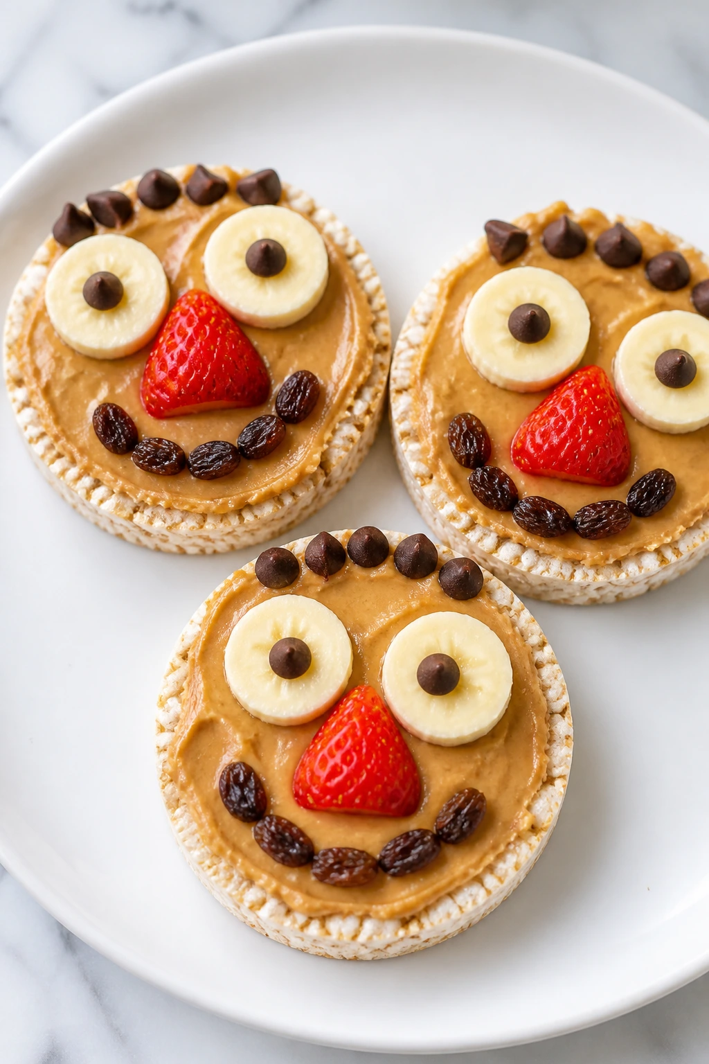 Rice cakes with sunbutter decorated as faces on plate