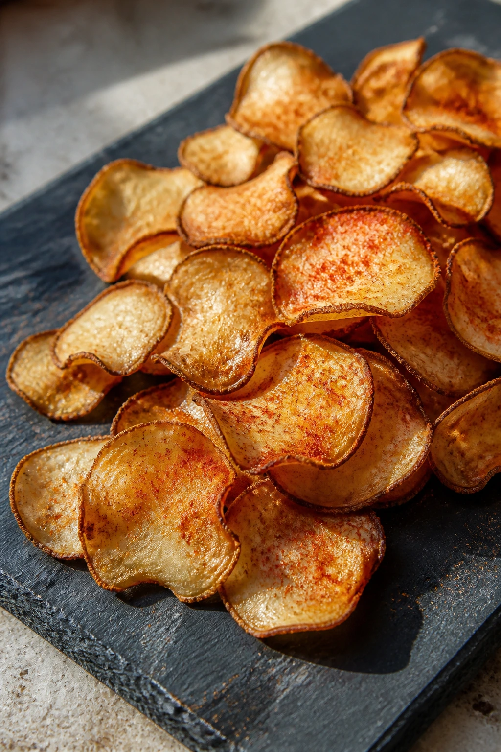 Crispy sunchoke chips on slate with paprika