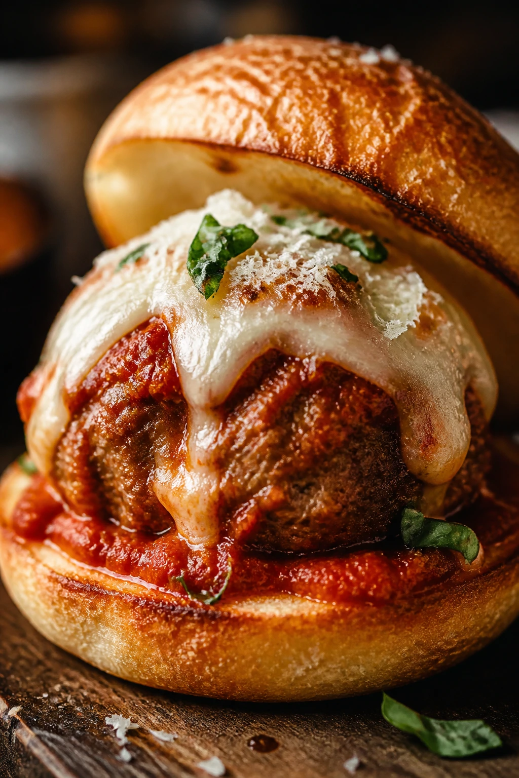 Close-up of Sunday bolognese meatball slider with tomato sauce and melted cheese