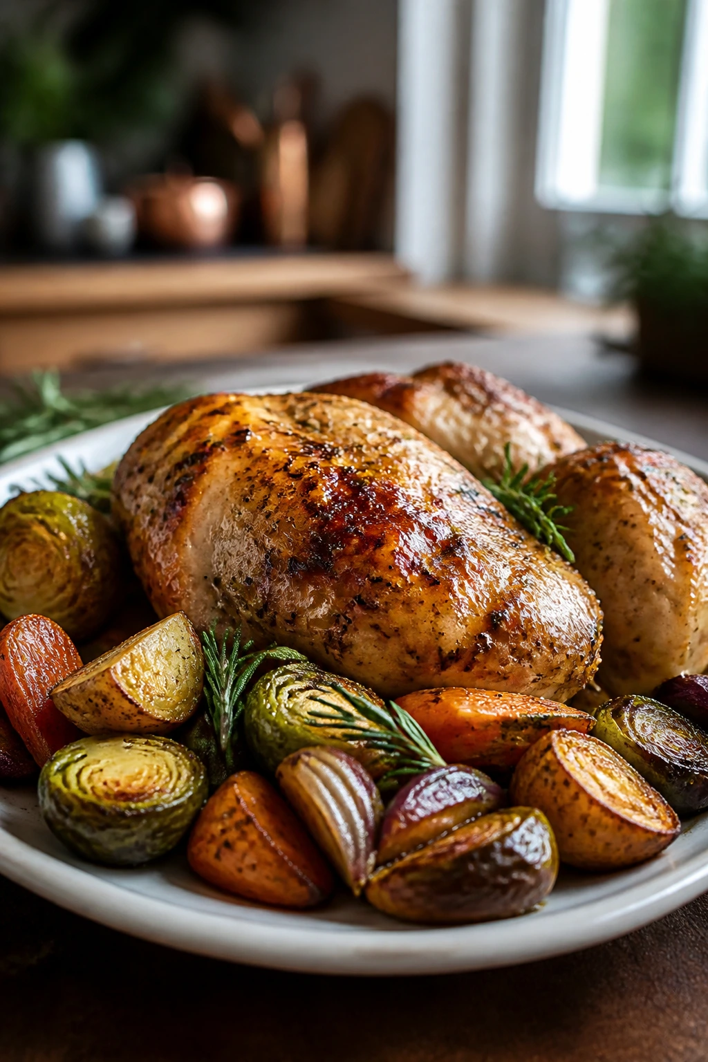 Close-up plate of a hearty Sunday dinner dominating the frame in a warm kitchen