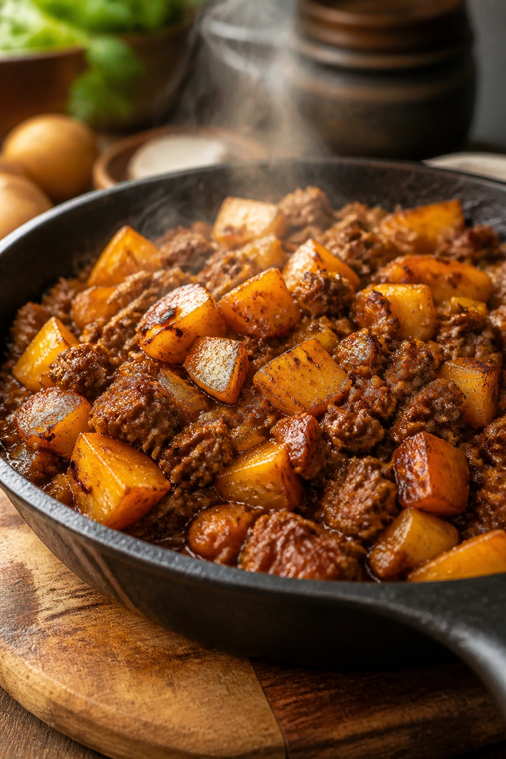 Close-up of a bubbling beef and potato skillet representing Sunday dinners.