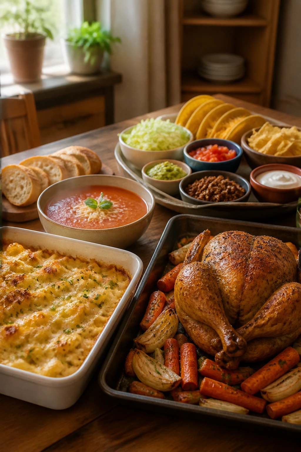 Table with roast chicken, pasta bake, soup, and tacos representing Sunday styles