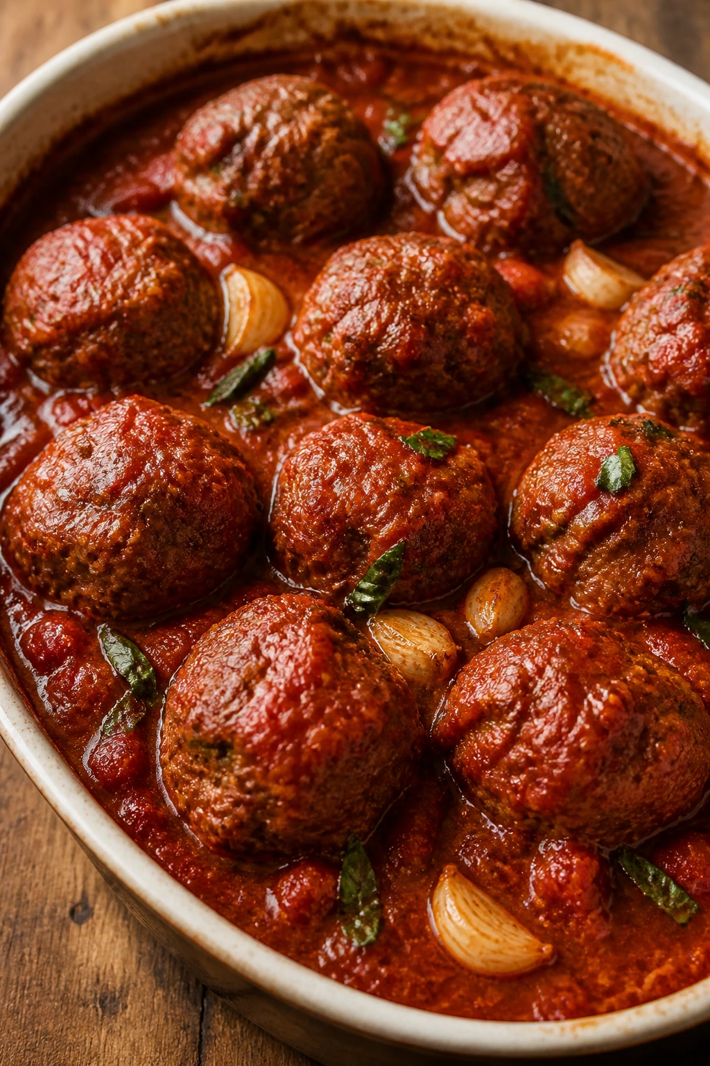 Meatballs in red tomato sauce with basil and garlic