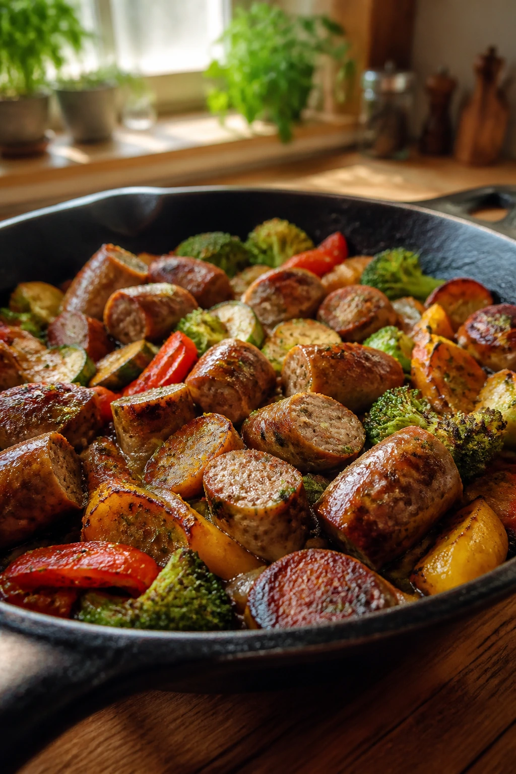 Cast-iron skillet with sausage and vegetables on a wooden table