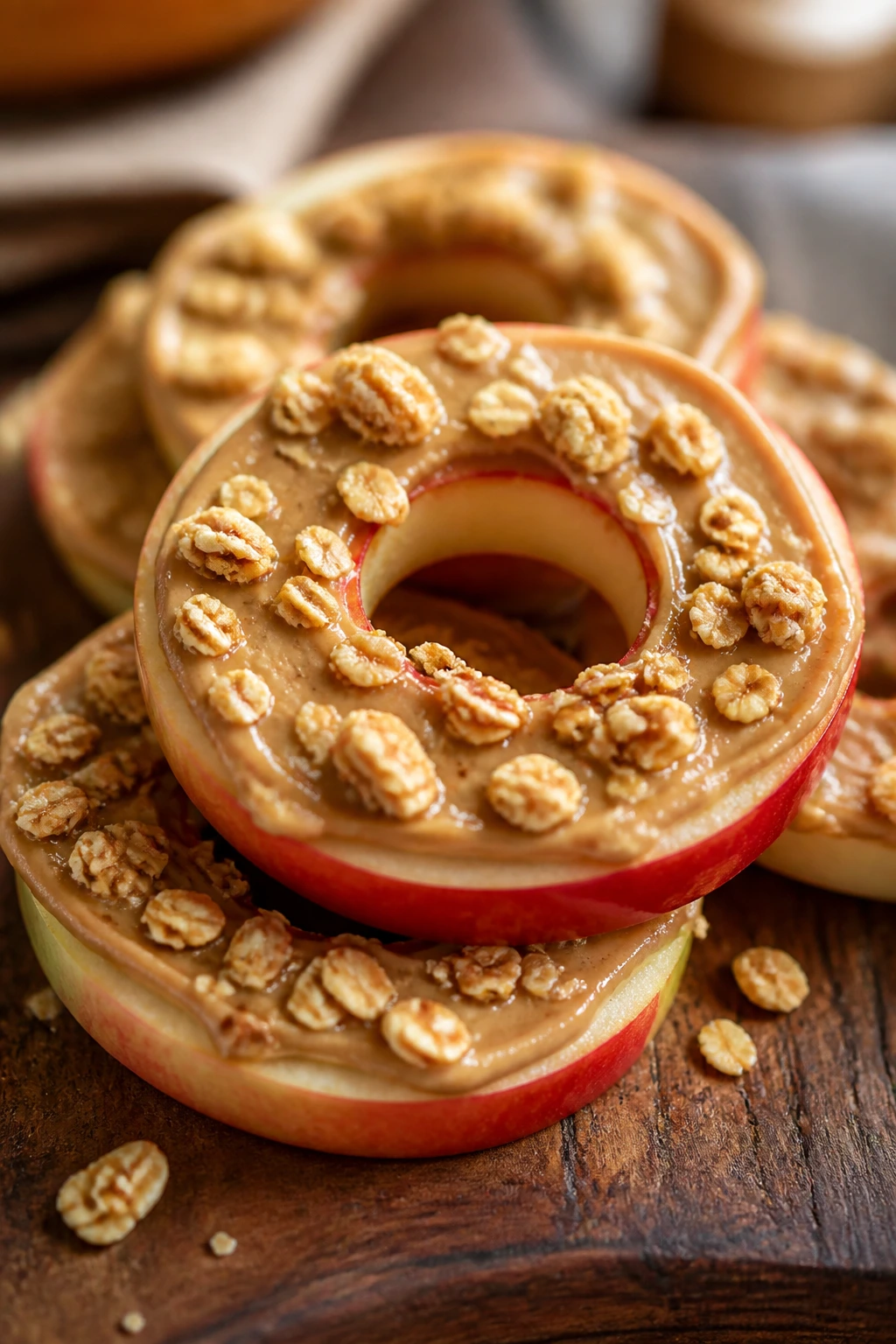 Apple rings with sunflower butter and granola on a rustic surface