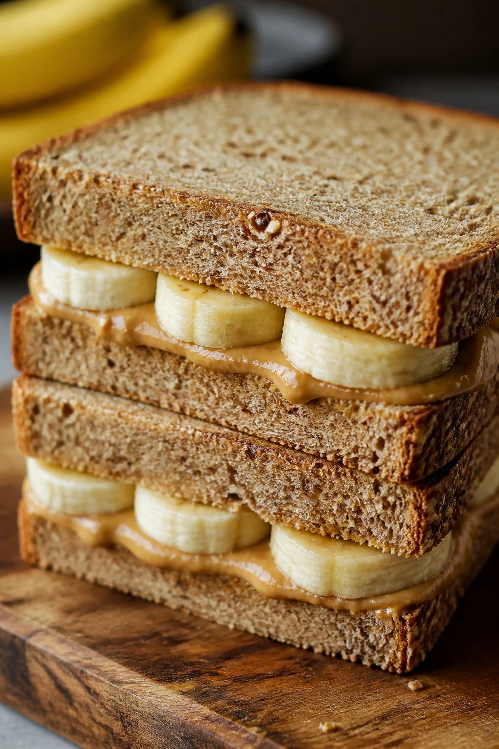 Close-up of a sunflower butter and banana sandwich showing filling on whole-grain bread