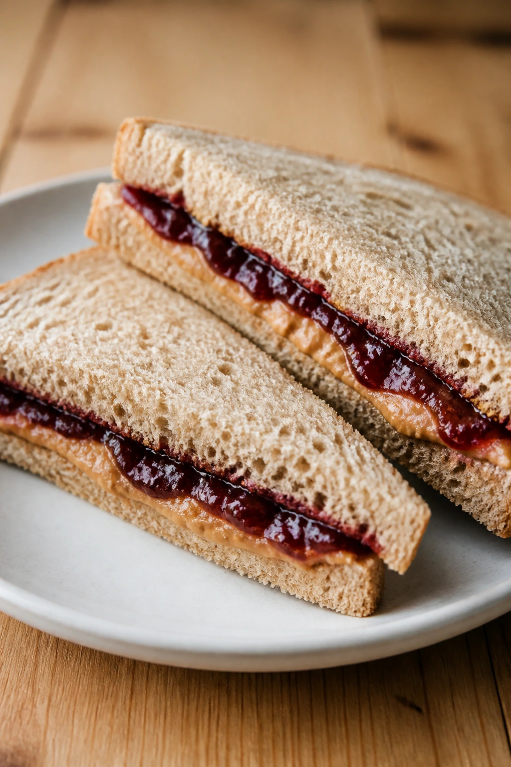 Close-up of sunflower butter and jam sandwiches cut in half on a plate.