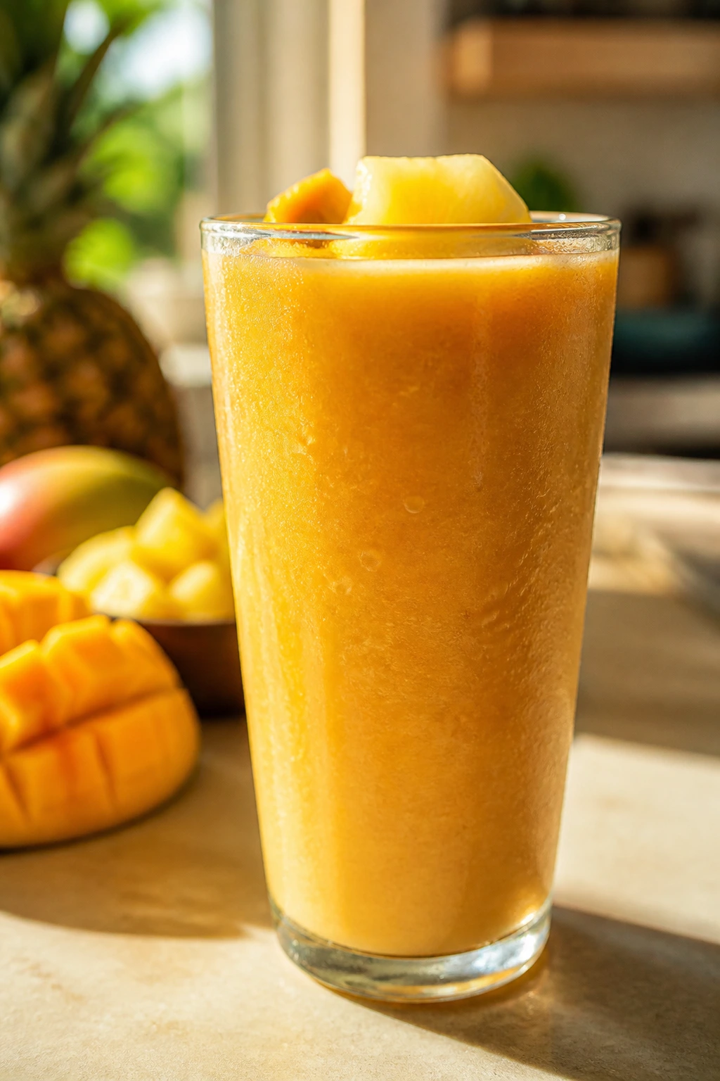 Orange-gold Sunrise Mango Pineapple Smoothie in a glass on a sunny kitchen counter