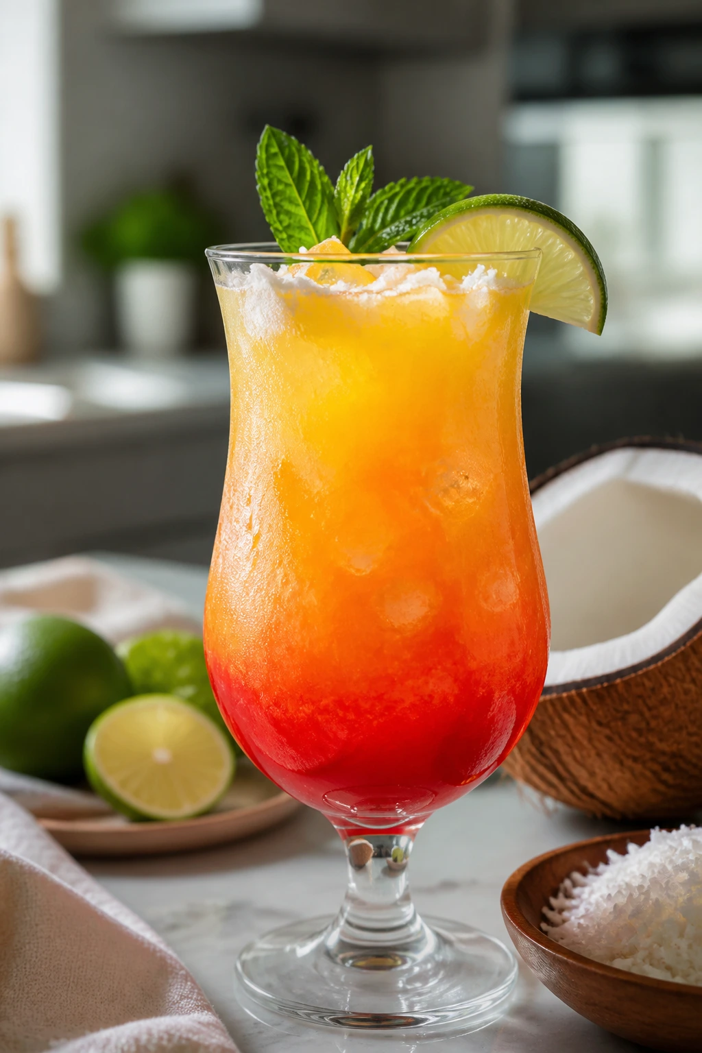 Malibu Sunrise close-up with mint and lime garnish on a warm counter.