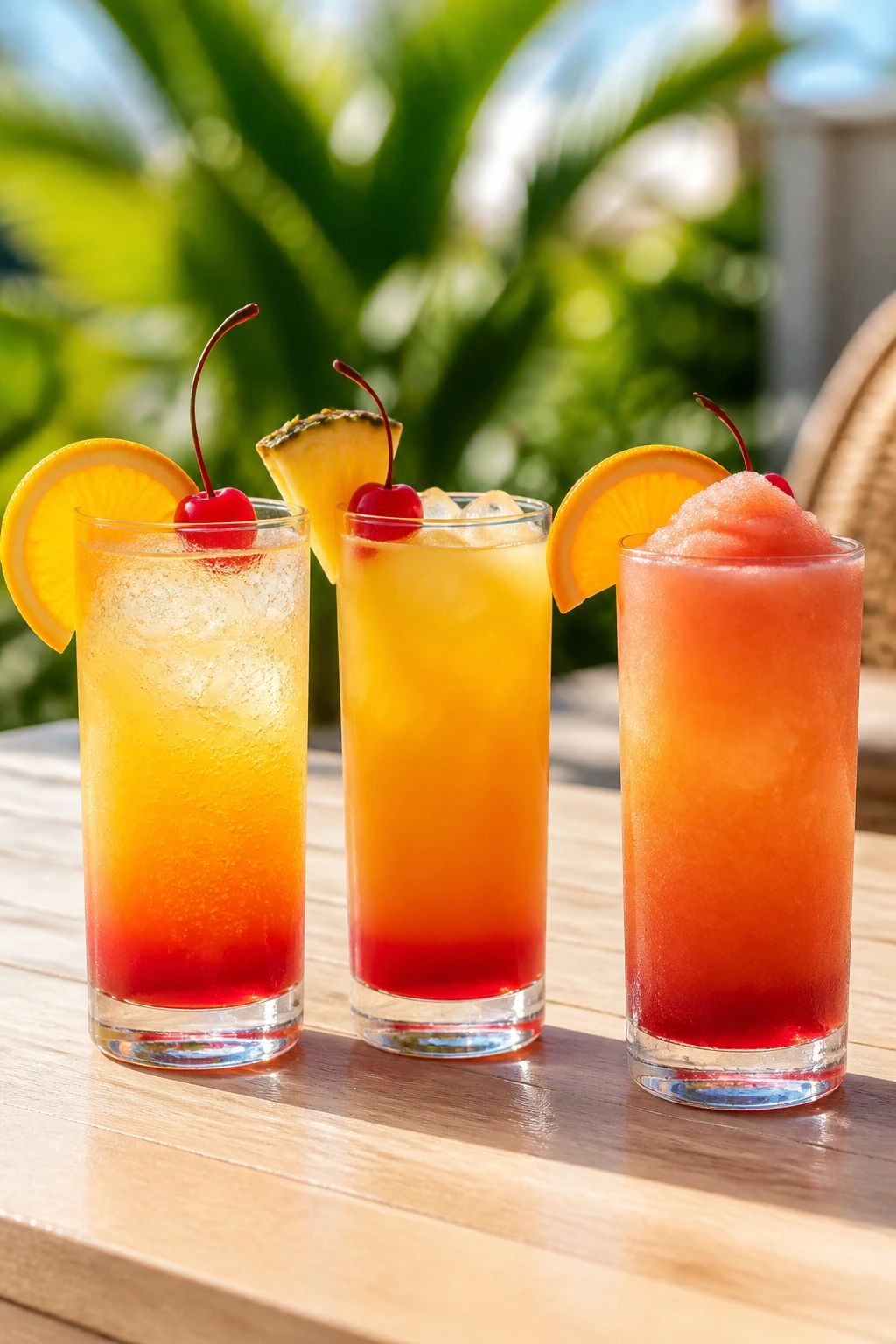 Three Malibu Sunrise cocktails showing different variations on a wooden table.
