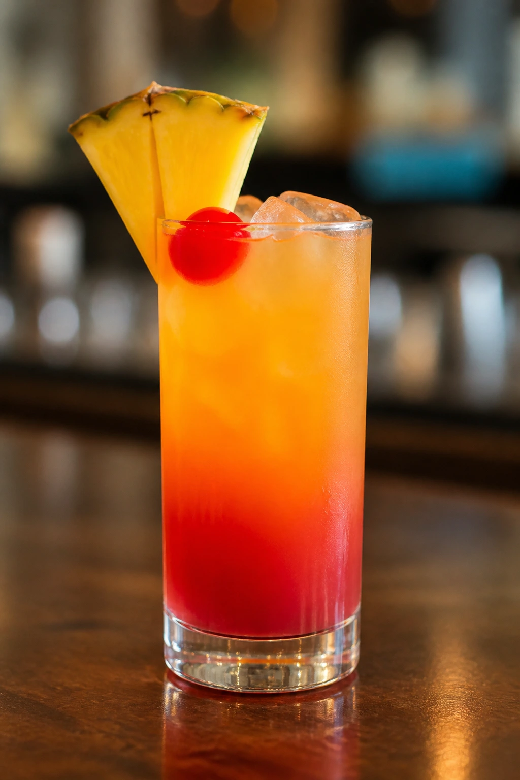 Tall glass with minimal garnish showing sunset gradient, ready to serve