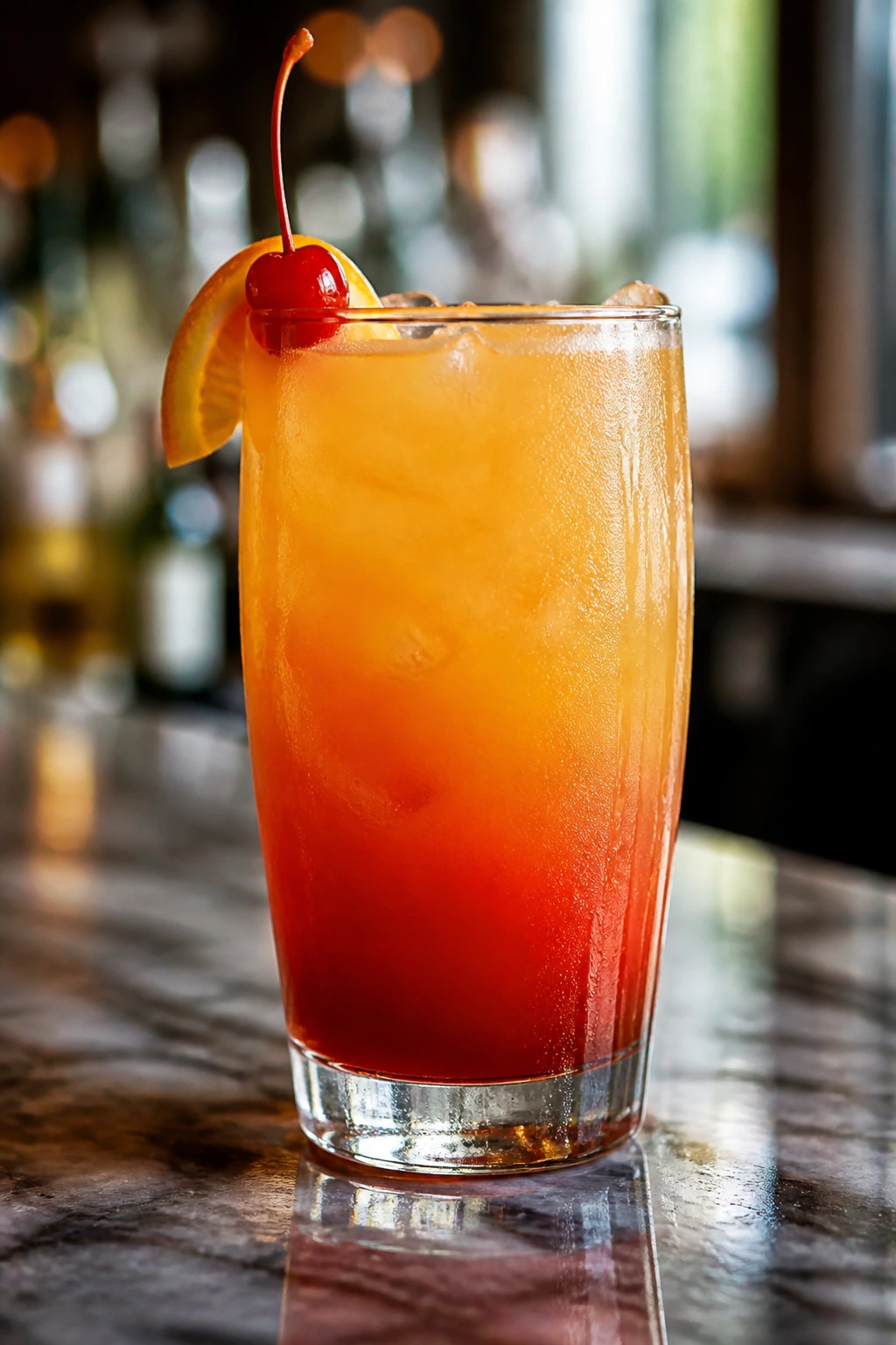 Malibu Sunset cocktail on a polished bar counter with gradient glow