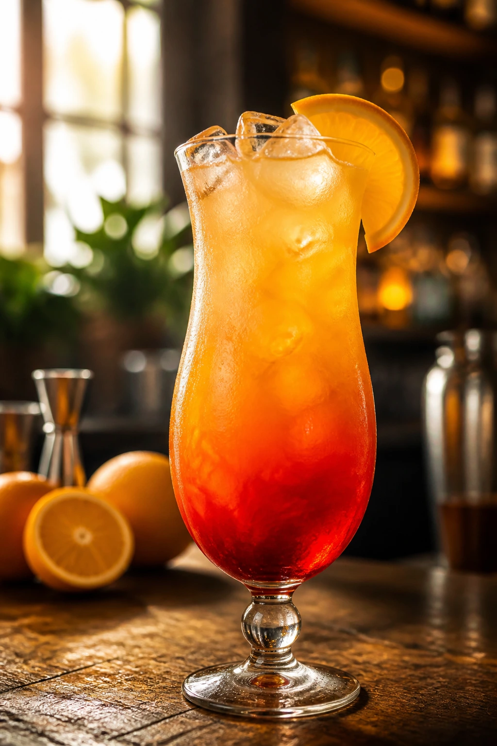 Close-up of a layered Malibu Sunset cocktail with amber-to-ruby gradient in a hurricane glass
