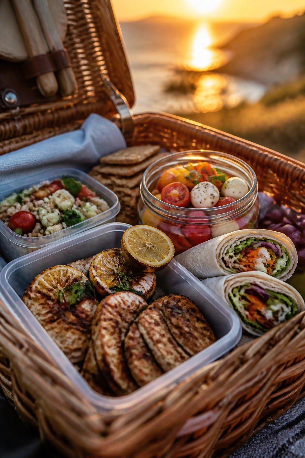 Wicker picnic basket filled with late-summer dinner items at golden hour