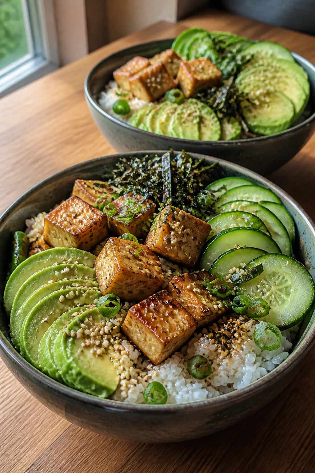 Close-up of two sushi bowls with tofu and avocado, rice, cucumber, and nori